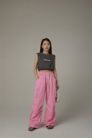 Basic Color String Cargo Wide Pants