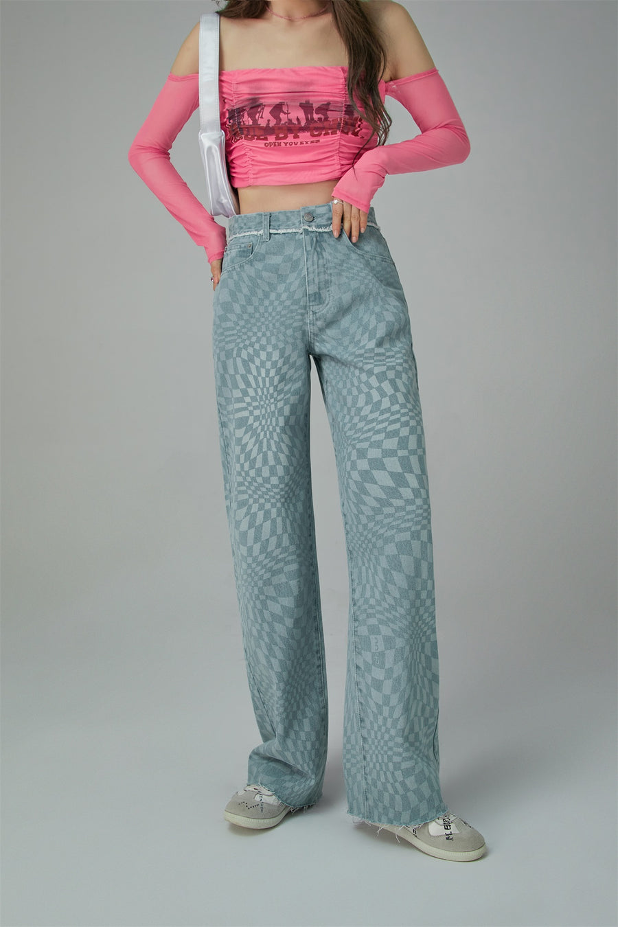 CHUU Check High-Waisted Wide Denim Pants