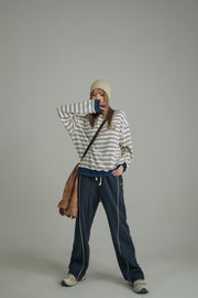 Striped Polo Neck Loose Fit T-Shirt