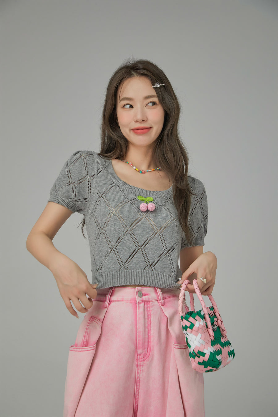 CHUU Cherry Knit Crochet Crop Sweater