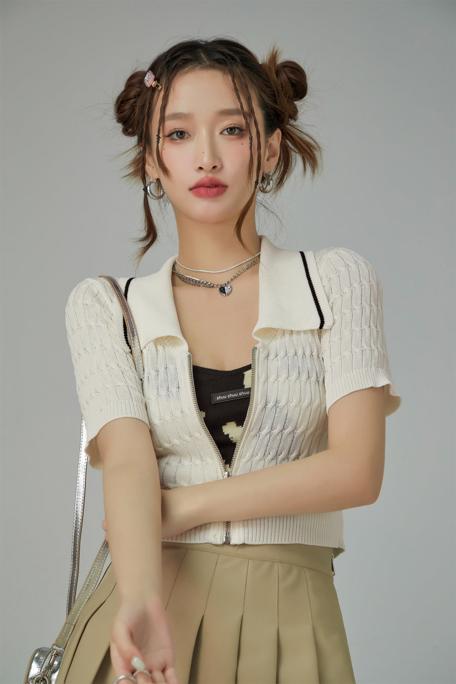 CHUU Zip-Up Cable Knit Crop Cardigan