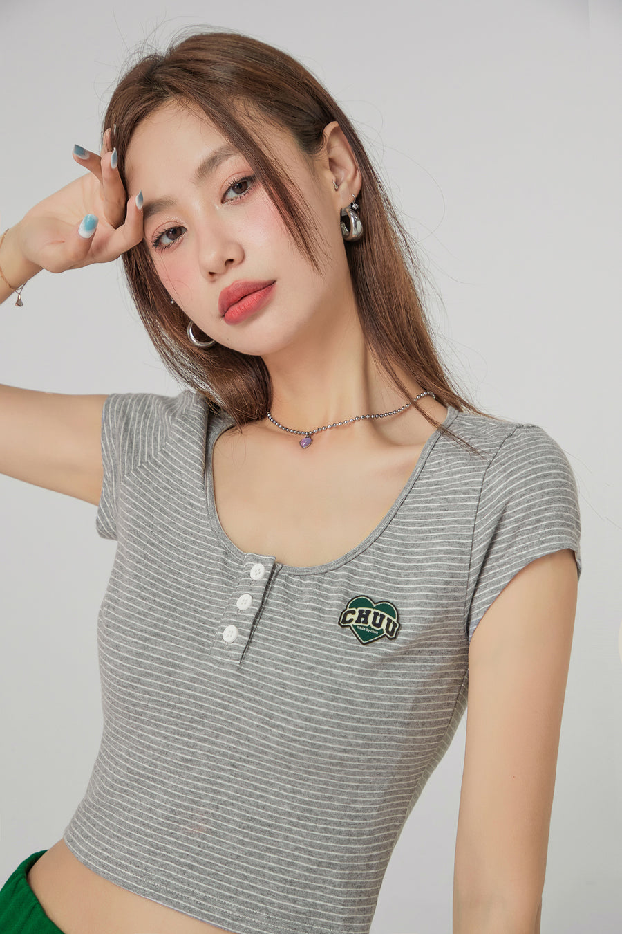 CHUU Stripe Front Button Crop Top