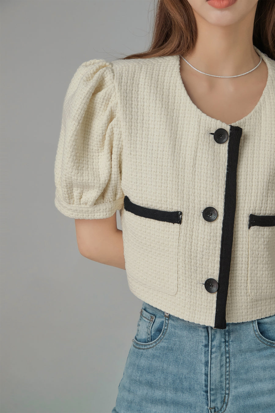 CHUU Puff Sleeve Coco Tweet Crop Jacket