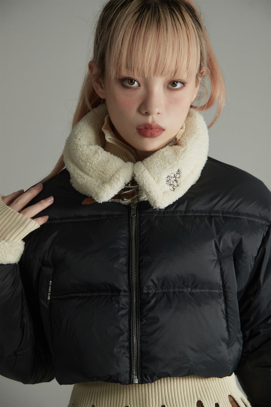 CHUU Fleece Collar Crop Padded Jacket