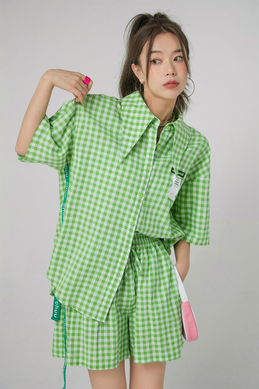 CHUU Gingham Check Maxi Collar Shirt