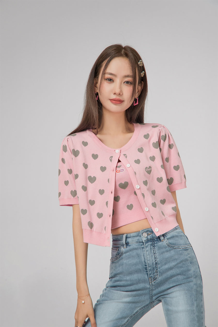 CHUU Heart Short Sleeve Knit Cardigan