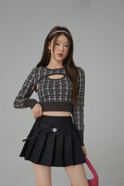 2-Layers Chest Cutout Check Knit Sweater