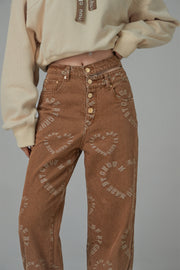 Waist Cutout Heart Print Wide Jeans