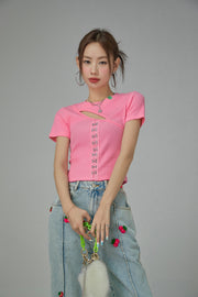 Cutout Front Hooks Short-Sleeved Top