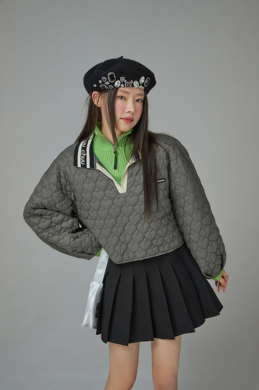 CHUU Heart Quilted V-Neck Anorak