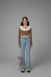 Eyelet Lace Collar Long-Sleeved Crop Top