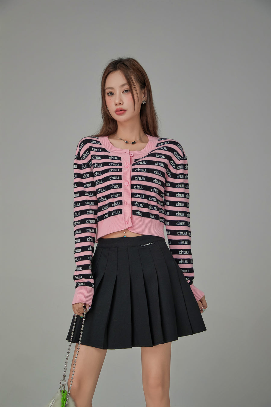 CHUU Stripes Chuu Logo Knit Cardigan