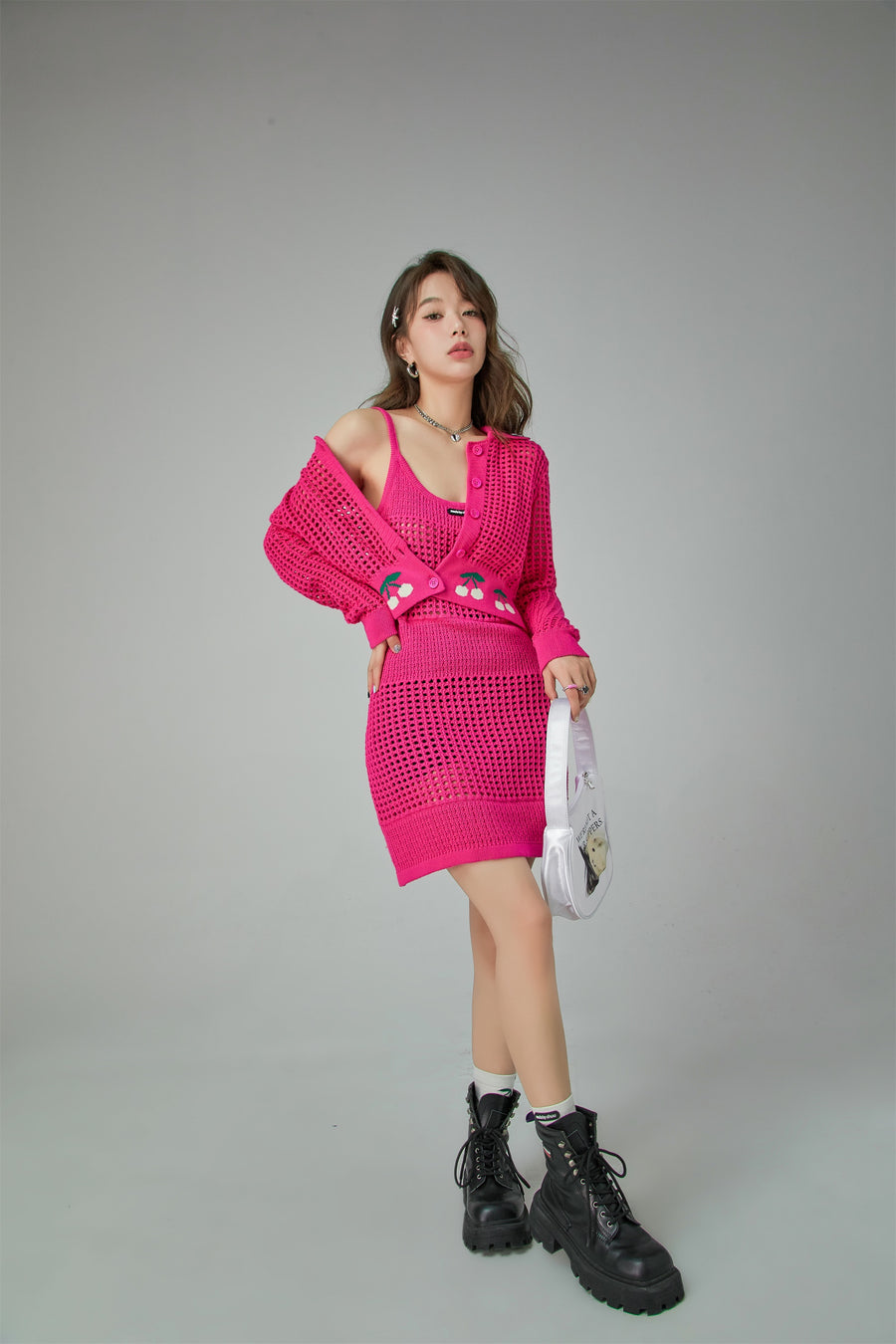 CHUU Hot Pink Cherry Crochet Crop Cardigan