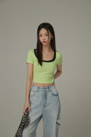 Basic U-Neck Color Matching Back Slit Slim T-Shirt