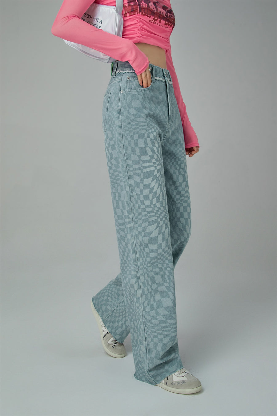 CHUU Check High-Waisted Wide Denim Pants