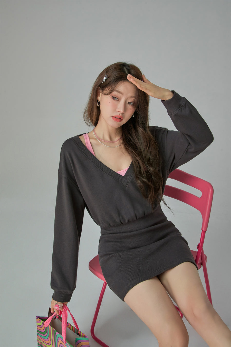 CHUU Sporty Girl Layered V-Neck Neck Dress