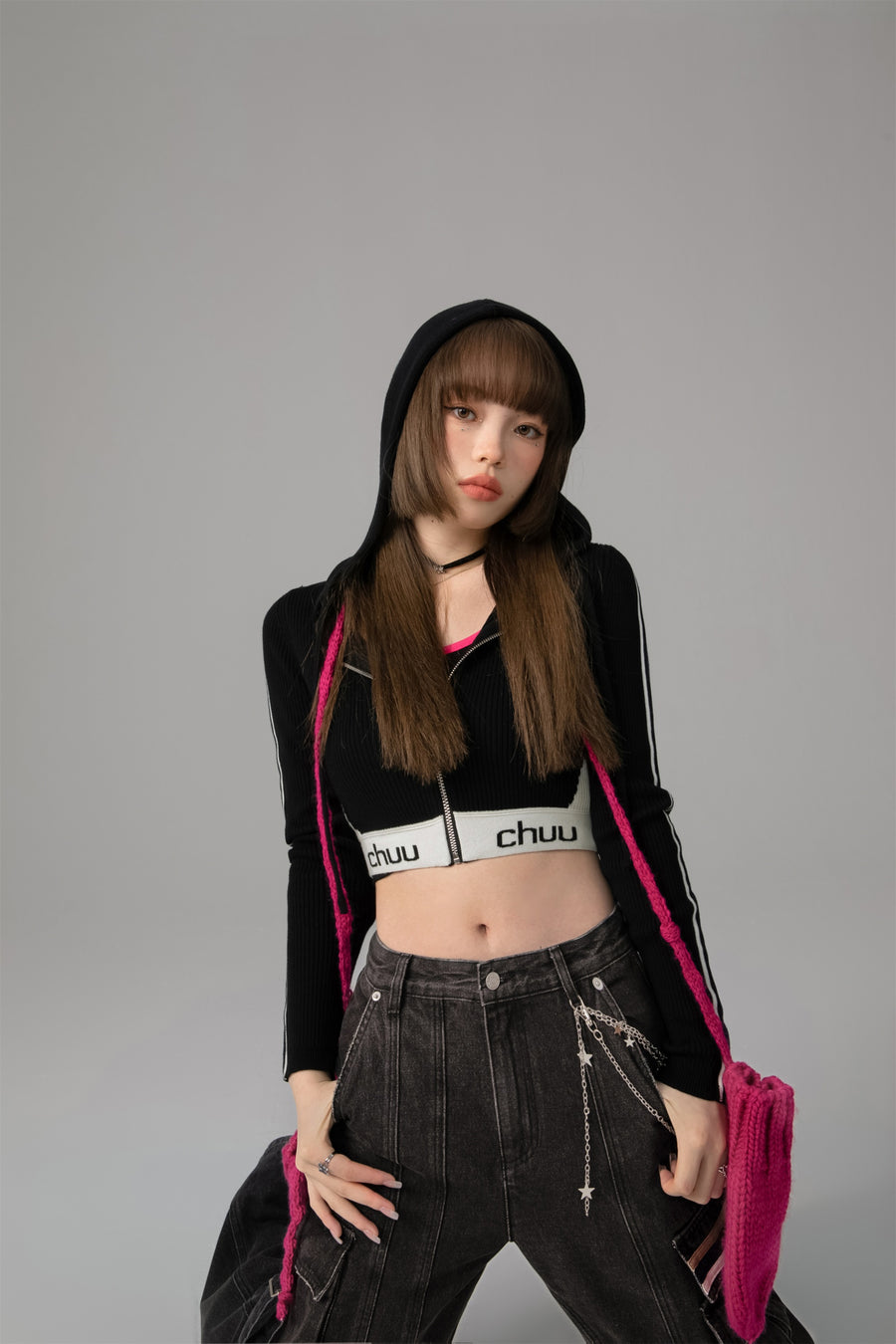 CHUU Knit Hooded Crop Zip-Up Cardigan