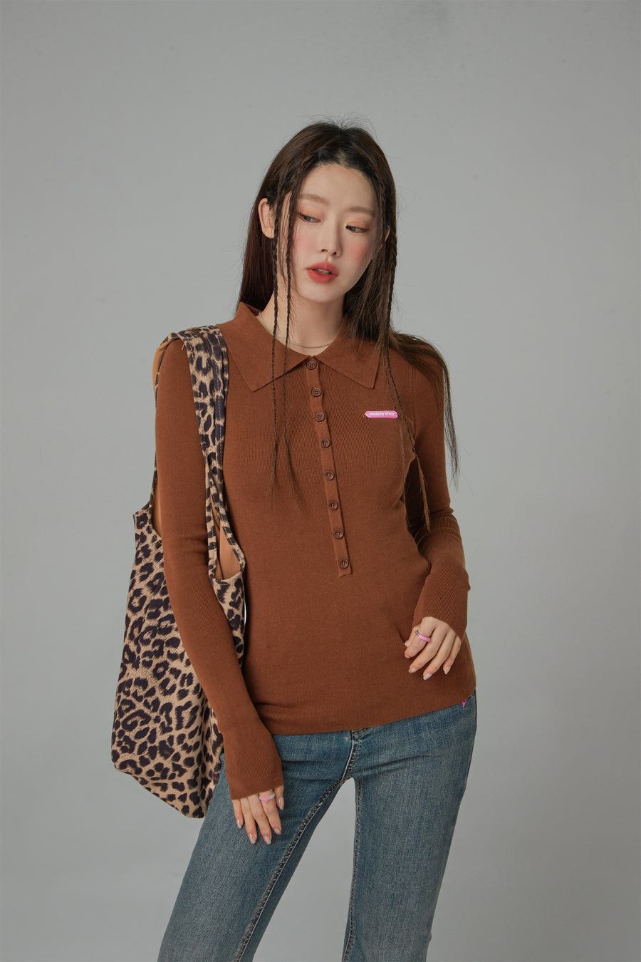 CHUU Buttoned Collar Slimfit Long-Sleeves Knit Top