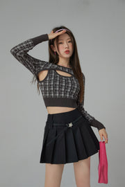 2-Layers Chest Cutout Check Knit Sweater