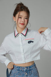 Embroidered Stripe Collar Crop Shirt