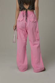 Basic Color String Cargo Wide Pants