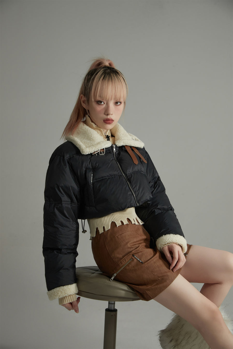 CHUU Fleece Collar Crop Padded Jacket