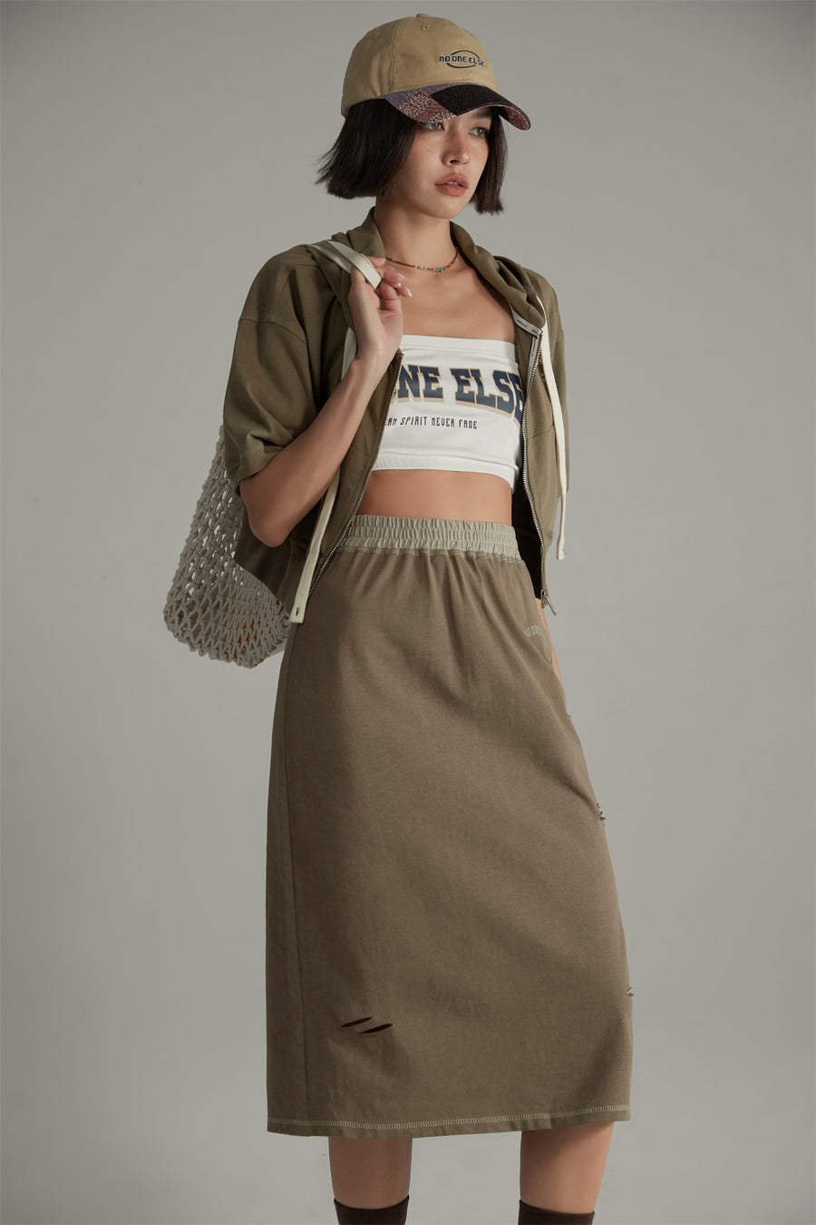 CHUU Banded Vintage Slit Long Skirt