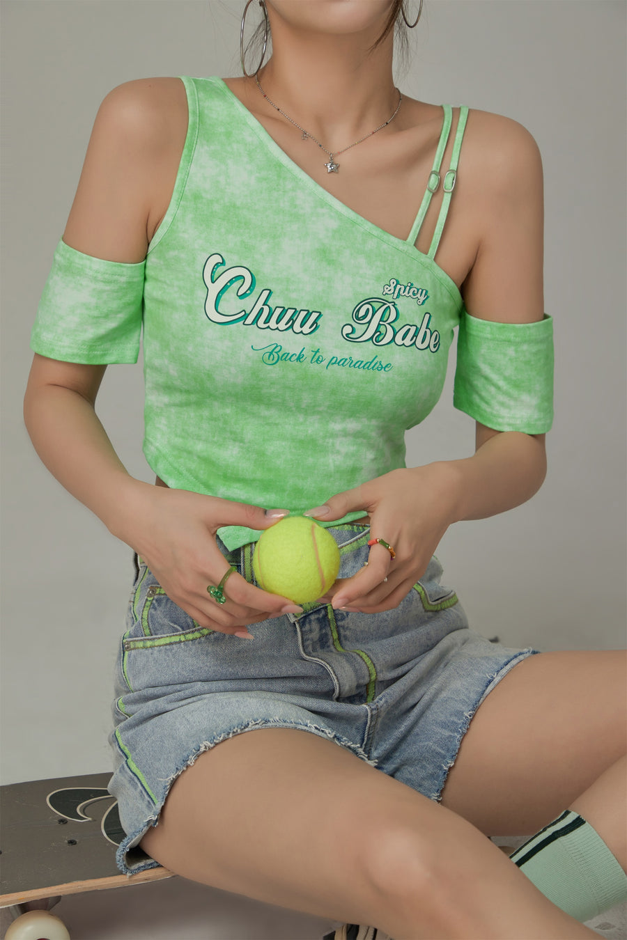 CHUU Chuu Babe Off-The-Shoulder Asymmetrical Cropped T-Shirt