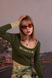 Round Neck Lettering Long Sleeve Crop Knit Top