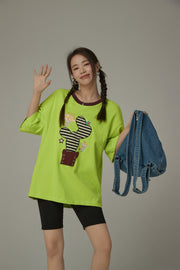 Lined Catcus Color Loose Fit T-Shirt