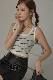 Lettering Square Neck Knitted Crop Top