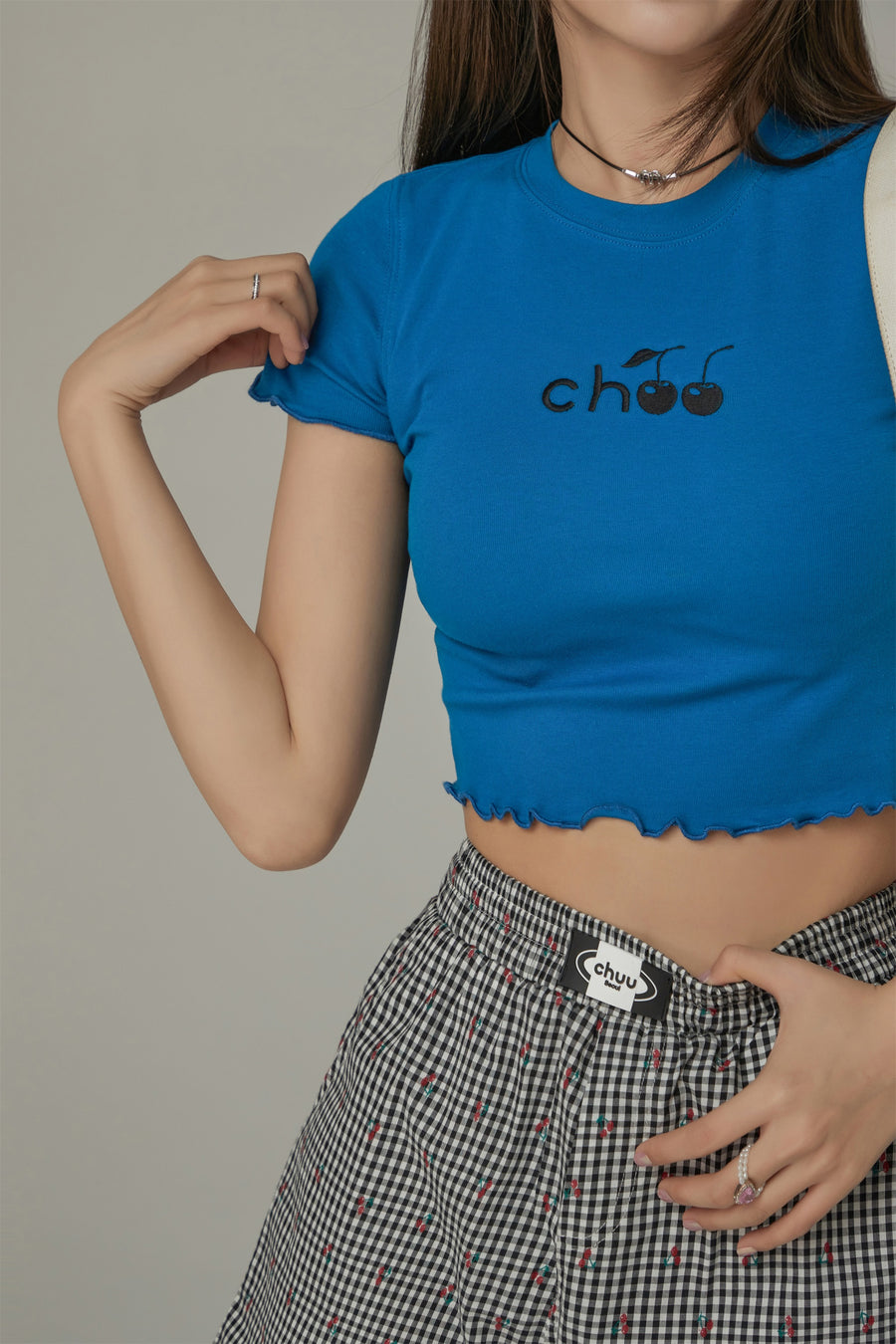 CHUU Chuu Cherry Lettuce Hem Cropped Top