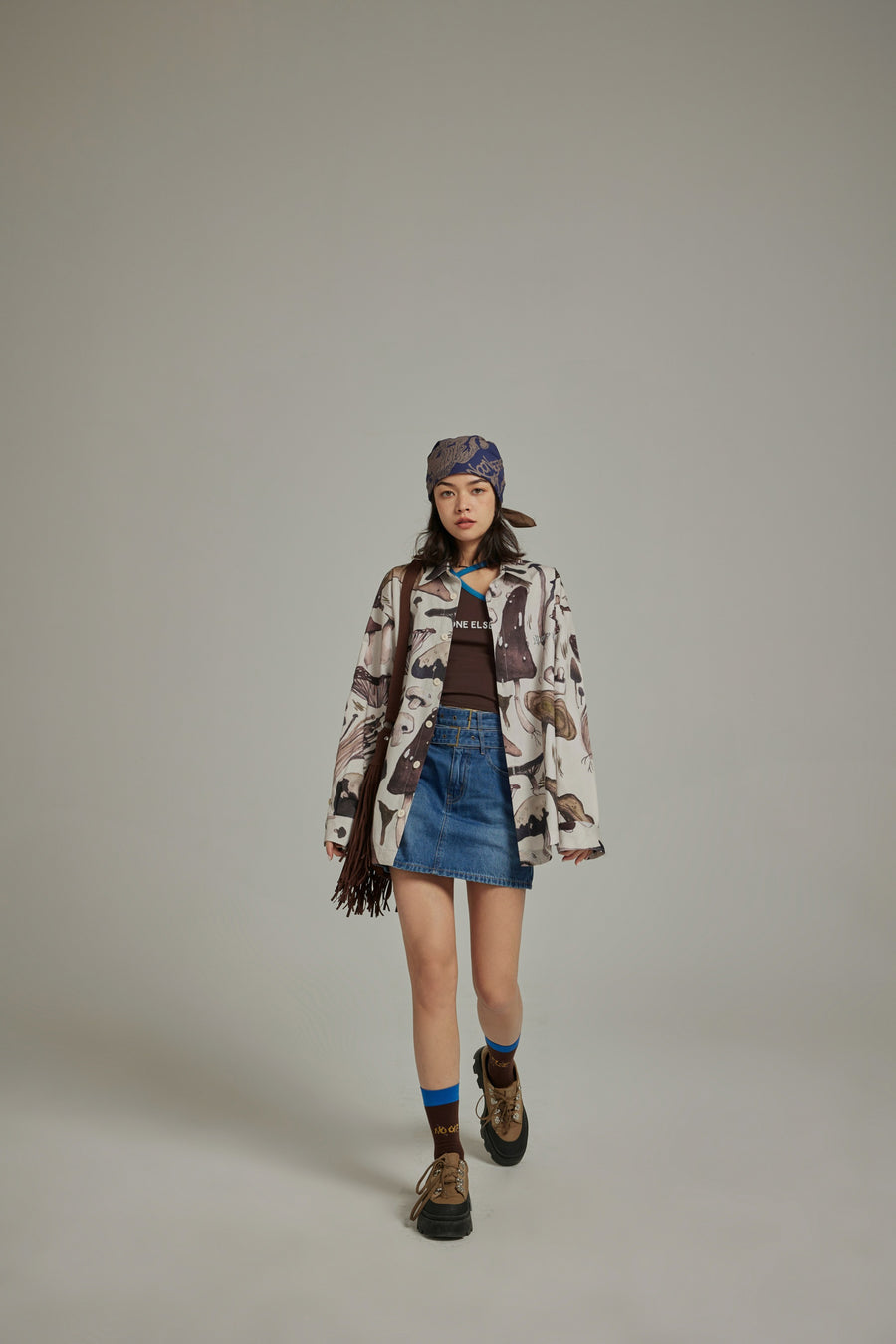 CHUU Double Belted Mini Denim Skirt