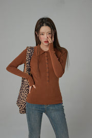 Buttoned Collar Slimfit Long-Sleeves Knit Top