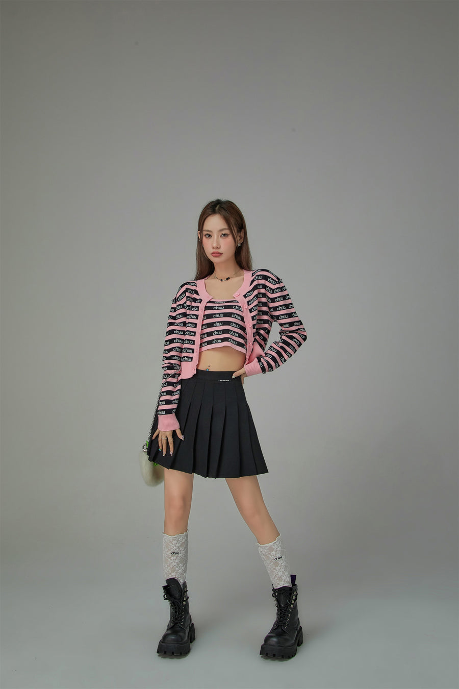 CHUU Stripes Chuu Logo Knit Cardigan