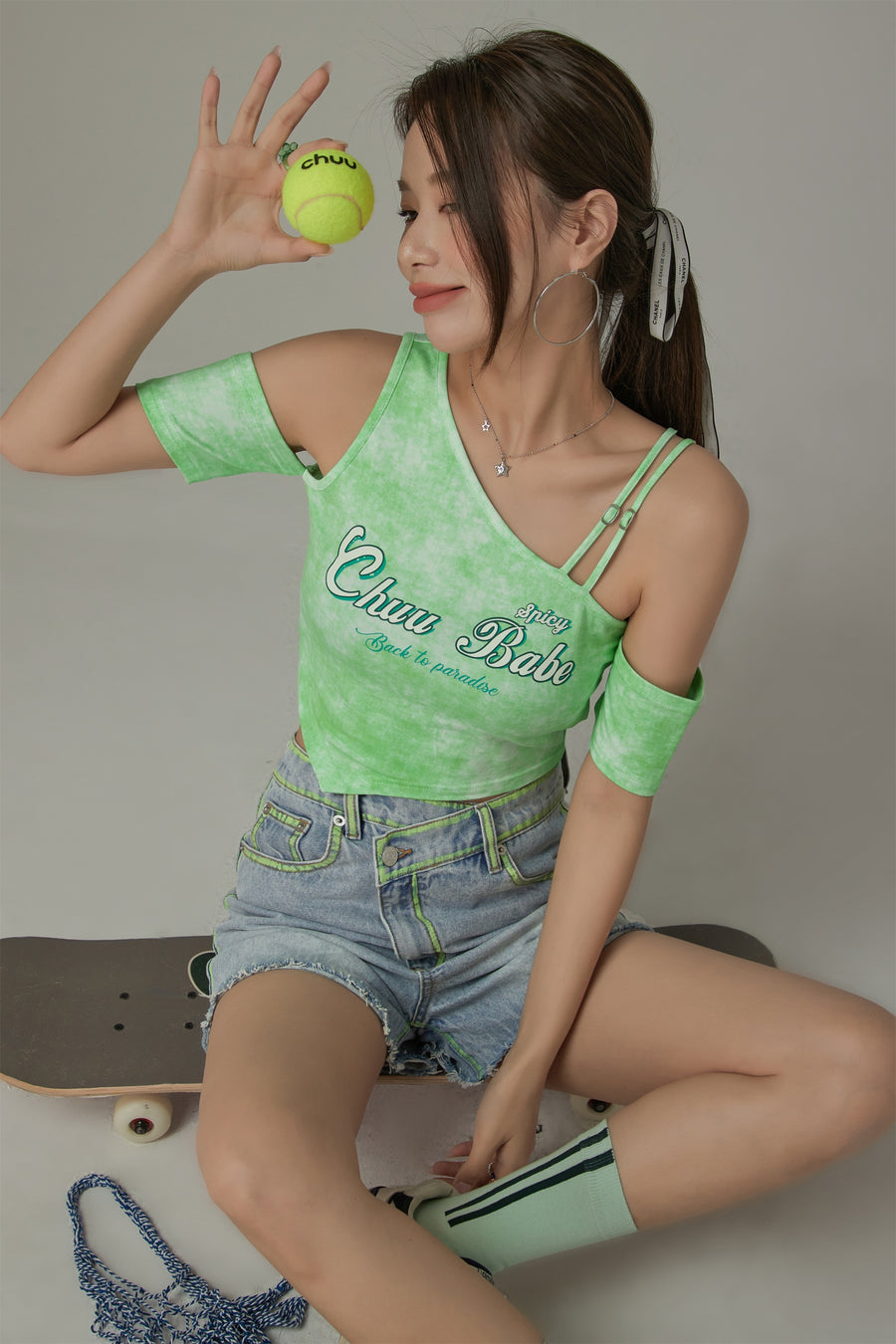 CHUU Chuu Babe Off-The-Shoulder Asymmetrical Cropped T-Shirt