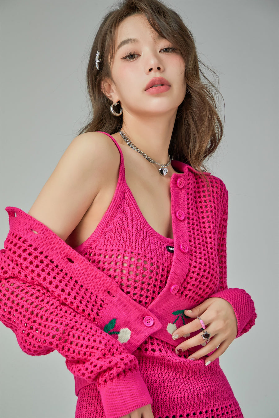 CHUU Hot Pink Cherry Crochet Crop Cardigan