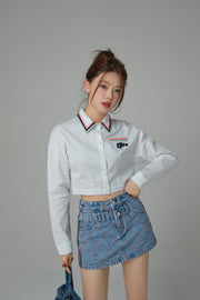 Embroidered Stripe Collar Crop Shirt