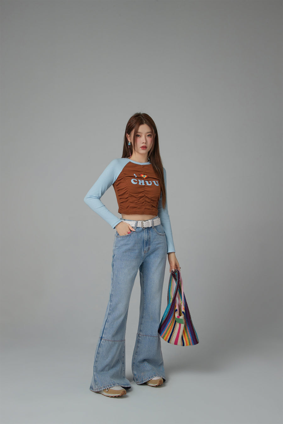 CHUU I Love Chuu Raglan Cropped Shirring T-Shirt