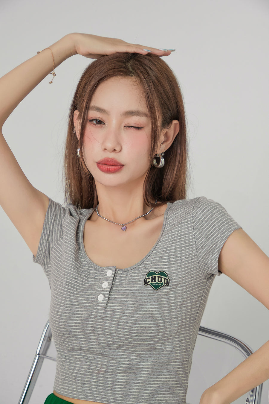 CHUU Stripe Front Button Crop Top