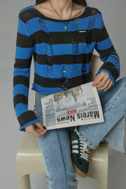 Distressed Stripe Crop Knit Top