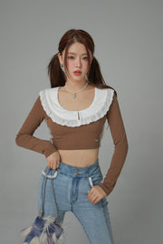 Eyelet Lace Collar Long-Sleeved Crop Top