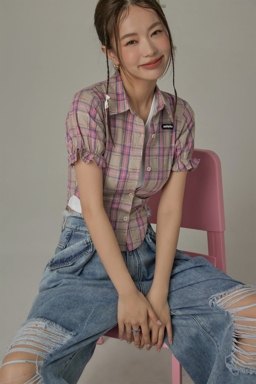 CHUU Eyelet Back Cut Out Check Shirt