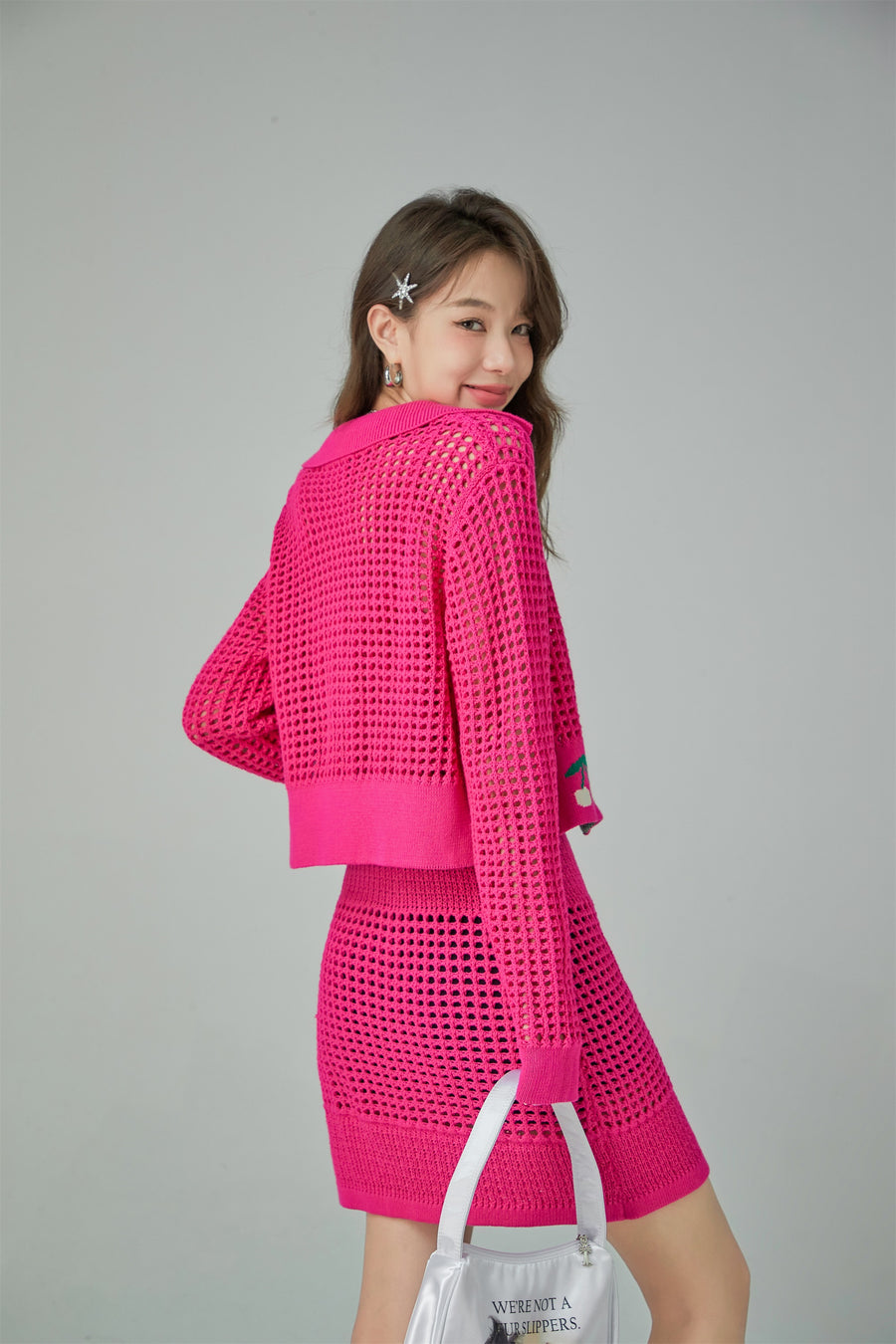 CHUU Hot Pink Cherry Crochet Crop Cardigan