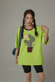 Lined Catcus Color Loose Fit T-Shirt