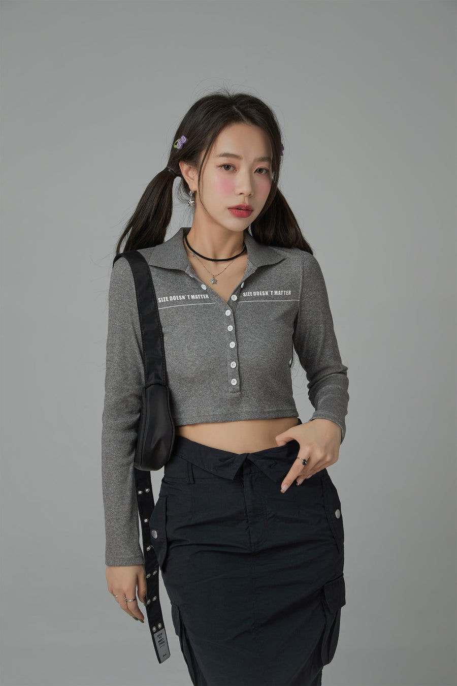 CHUU Size Doesnt Matter Collar Button Cropped T-Shirt