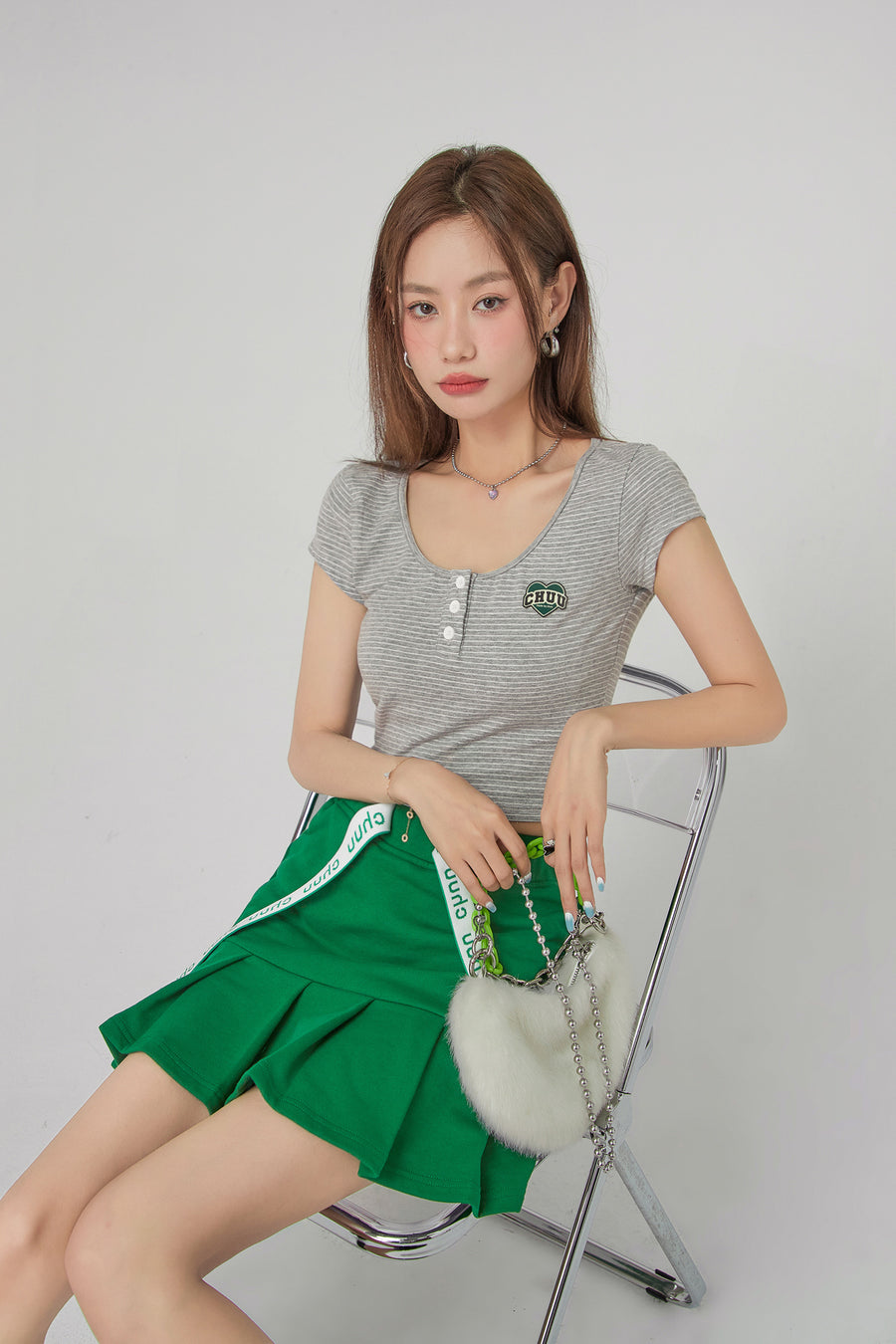 CHUU Stripe Front Button Crop Top