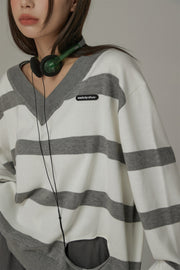 Color Matching V-Neck Striped Knit Sweater