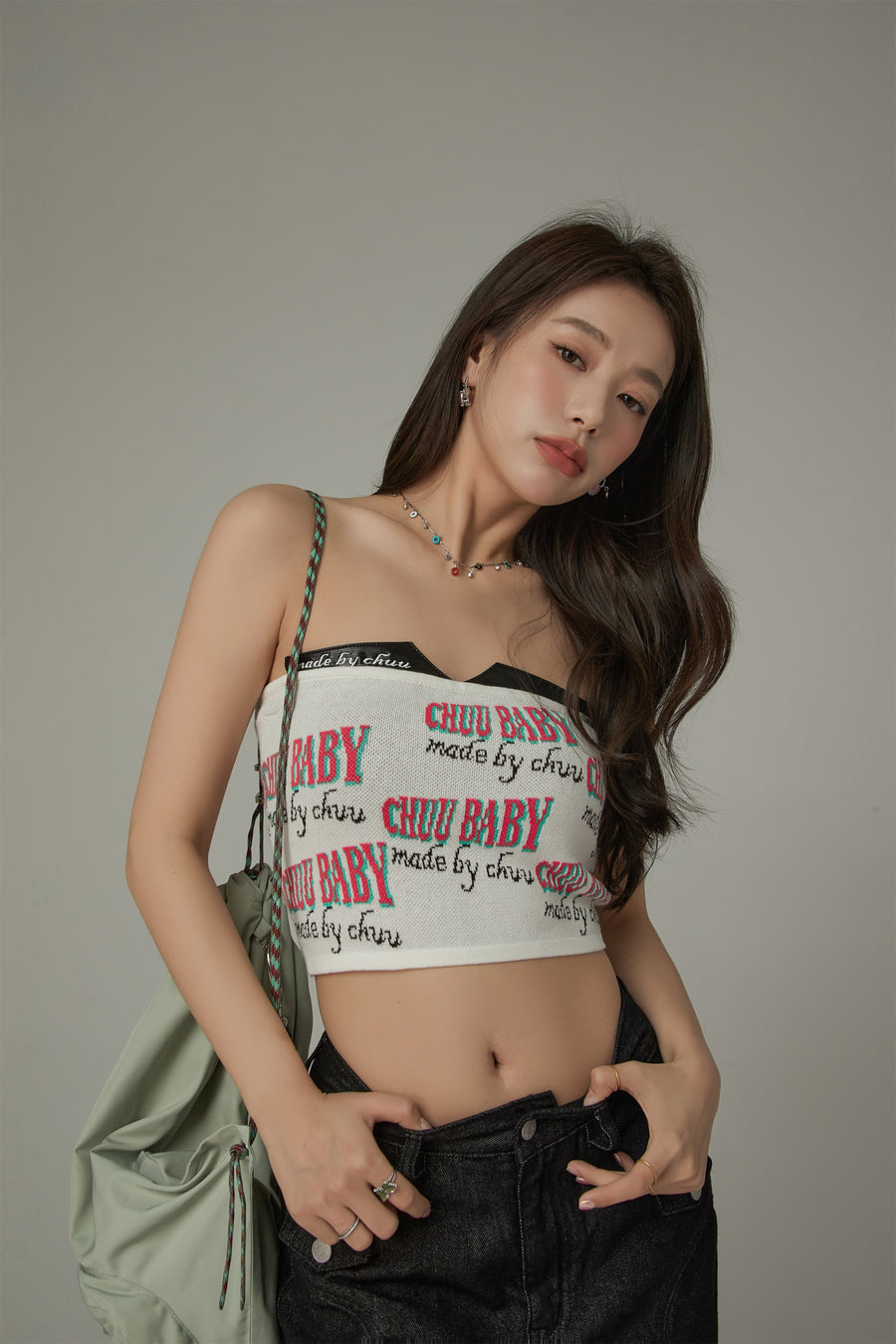 CHUU Chuu Baby Faux Leather Knit Tube Top