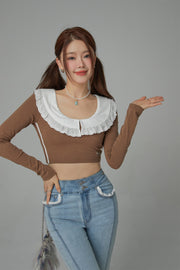 Eyelet Lace Collar Long-Sleeved Crop Top